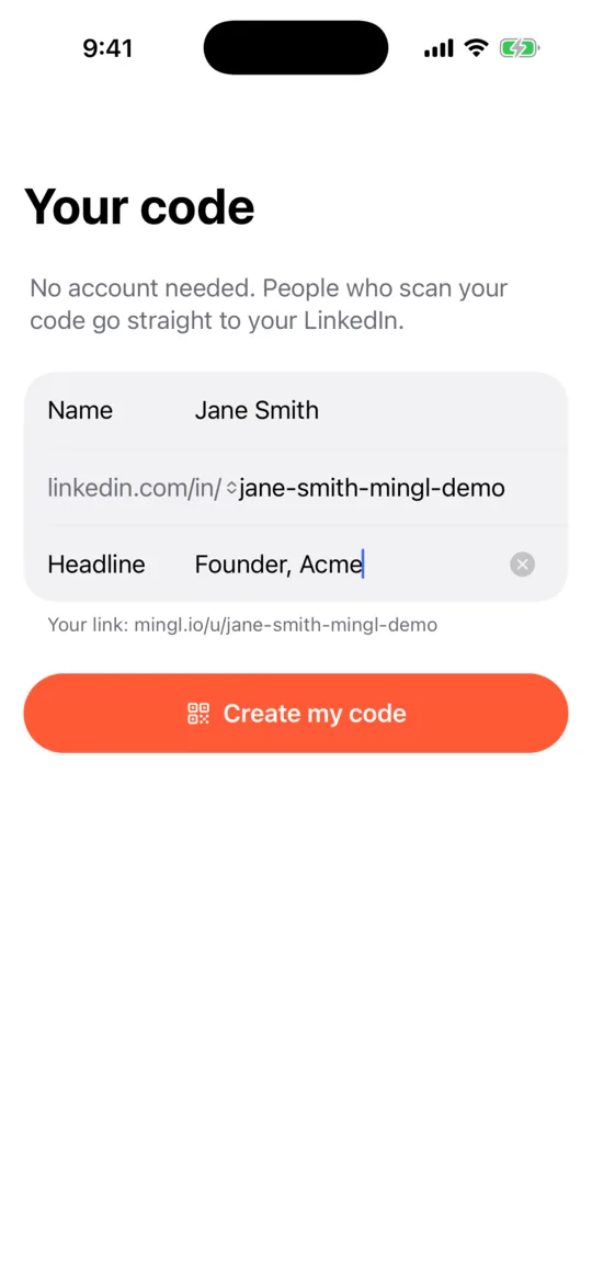 Mingl create your code screen