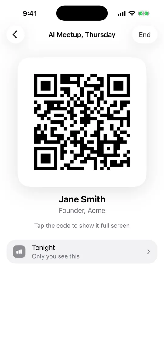 Mingl networking mode with a large QR code