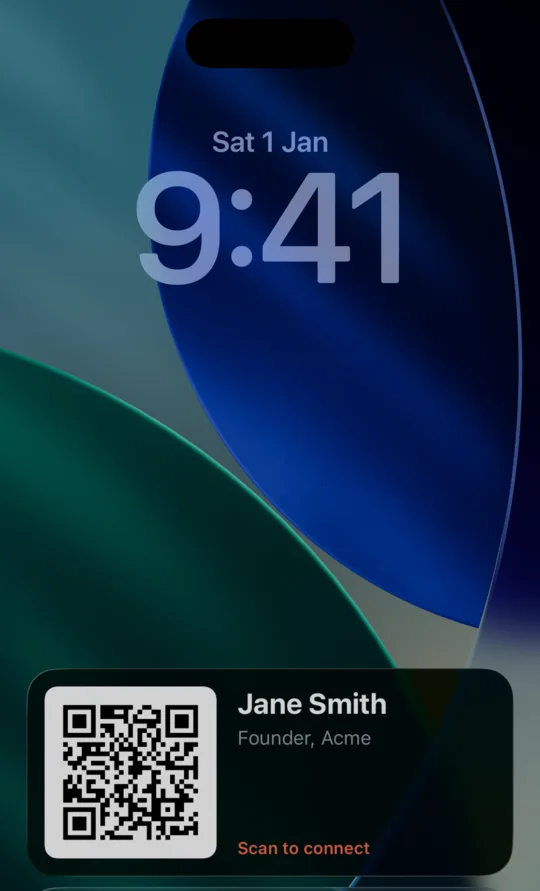 iPhone lock screen showing a Mingl QR code with a name and headline