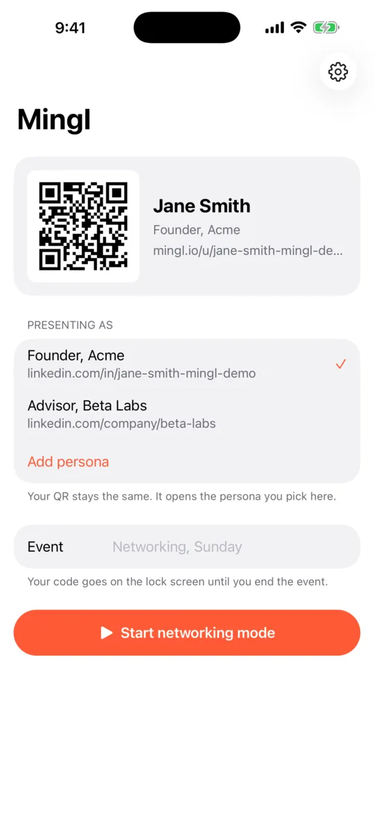 Mingl home screen with two personas