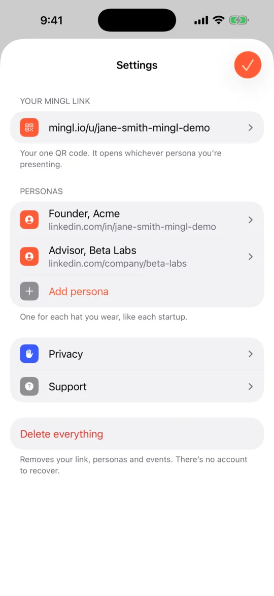 Settings with your Mingl link and personas